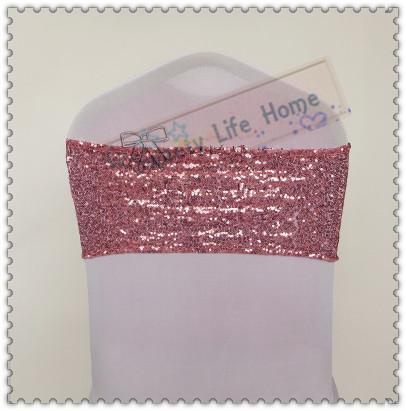 100PCS Pink Sequin chair bows Free shipping Spandex with Sequin Chair Bands Wedding Elastic chair sashes Home Textiles Decorations