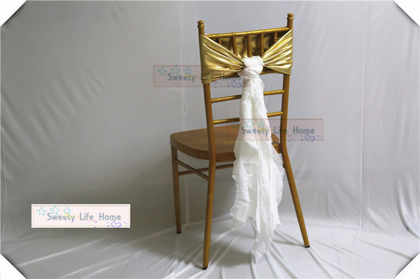 New Desion Free shipping Gold Coated Spandex Chair Sashes with Chiffon Tail Metallic chair Bands Hotel lycra Chair Bow