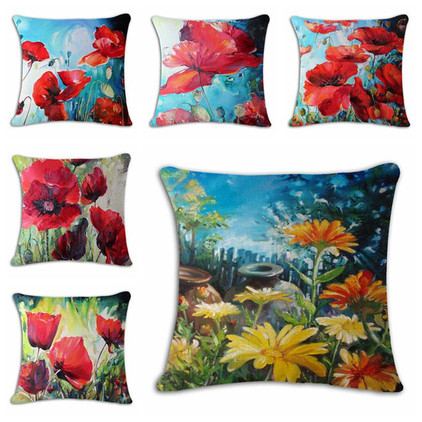 beautiful floral cushion cover painting style red flower throw pillow case modern decorative almofada 45cm cotton linen cojines