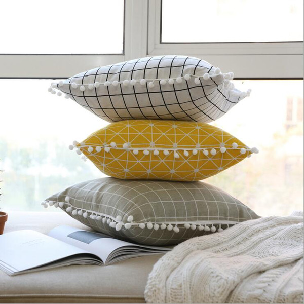 cute pompons cojines decorativos para sofa yellow cushion cover grey geometric chair chaise throw pillow case 45cm almofada