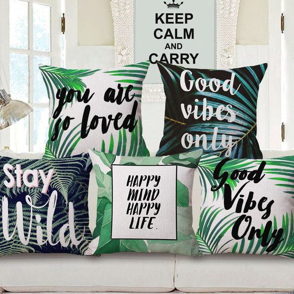 nature plant theme cushion cover english letters quote throw pillow case for chaise sofa happy life almofada 45cm nordic cojines