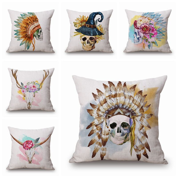 tribal skull cushion cover watercolor chaise chair throw pillow case antelope almofada flowered antler cojines halloween decor