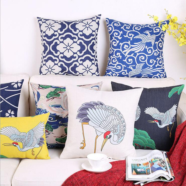 chinese porcelain cushion cover decorative cotton linen throw pillow case for sofa chair couch japanese crane almofada