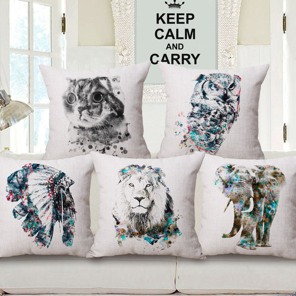 Animals Cat Lion Elephant Owl Cushion Covers Indian Chief Feather Headdress Cushion Cover Sofa Decorative Linen Cotton Pillow Case