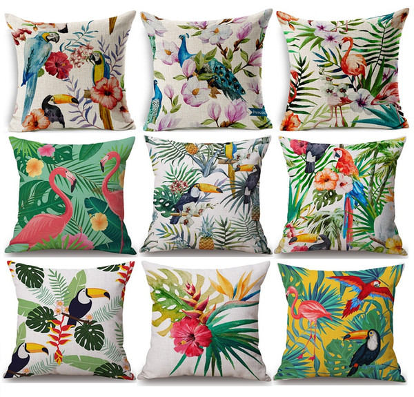 Tropical Plants Flower Pineapple Cushion Cover Bird Parrot Flamingo Toucan Green Leaves Cushion Covers Sofa Throw Linen Cotton Pillow Case