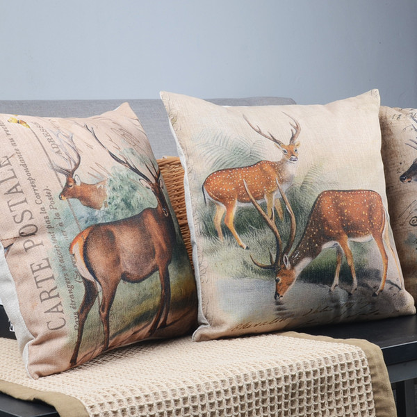 Vintage Oil Painting Style Deer Stag Elk Moose Cushions Covers Nordic Home Decorative Sofa Pillow Cushion Cover Linen Cotton Pillow Case