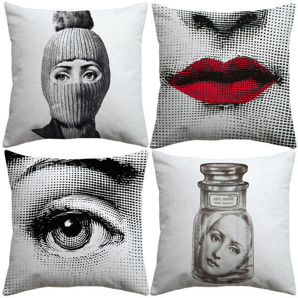 Fornasetti Face Painting Cushion Covers Retro Vintage Beauty Girl Lips Eye Hand Cushion Cover Sofa Decorative Linen Cotton Pillow Case