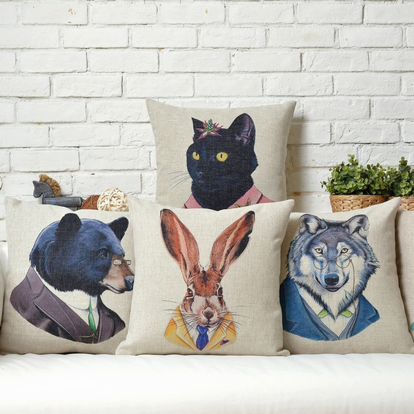 Hipster Chic Animal Bear Tiger Wolf Cat Rabbit Cushion Covers Hand Painting Animals Cushion Cover Sofa Decorative Linen Cotton Pillow Case