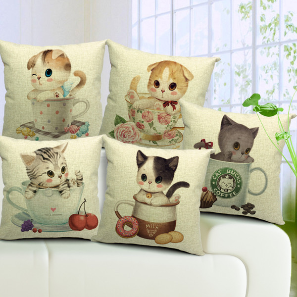 5 Styles Lovely Cats Cushion Covers Cat Bucks Coffee Mug Flower Rose Cup Cushion Cover Sofa Throws Decorative Linen Cotton Pillow Case Gift