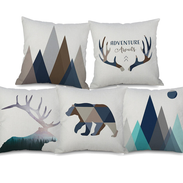 Nordic Modern Mountain Woods Art Cushion Covers Geometric Animal Deer Moose Bear Cushion Cover Decorative Linen Cotton Pillow Case