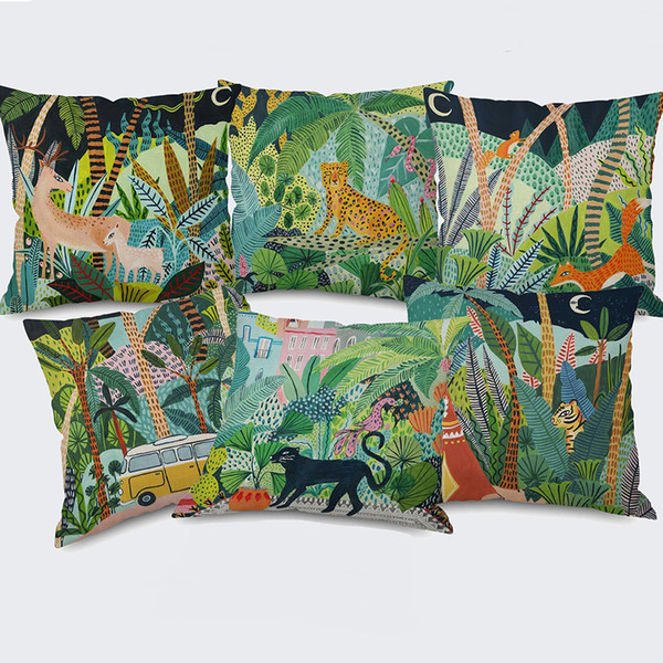 Cartoon Oil Painting Jungle Woods Cushion Covers Forest Animal Tiger Fox Deer Whale Cushion Cover Bedroom Decor Linen Cotton Pillow Case