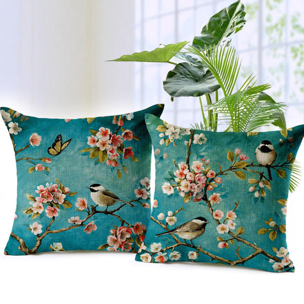 Birds And Flowers Cushion Covers Oil Paintings Spring Sakura Cherry Blossom Tree Bird Butterfly Cushion Cover Sofa Linen Cotton Pillow Case