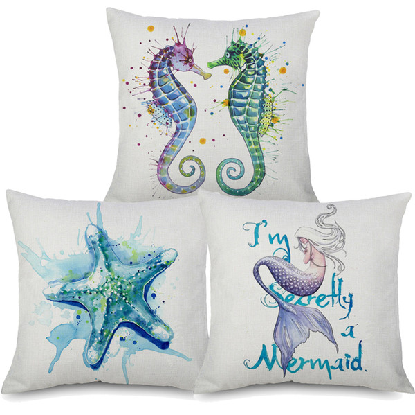 Watercolor Painting Marine Life Cushion Covers Starfish Mermaid Seahorse Turtle Octopus Cushion Cover Sofa Throw Linen Cotton Pillow Case