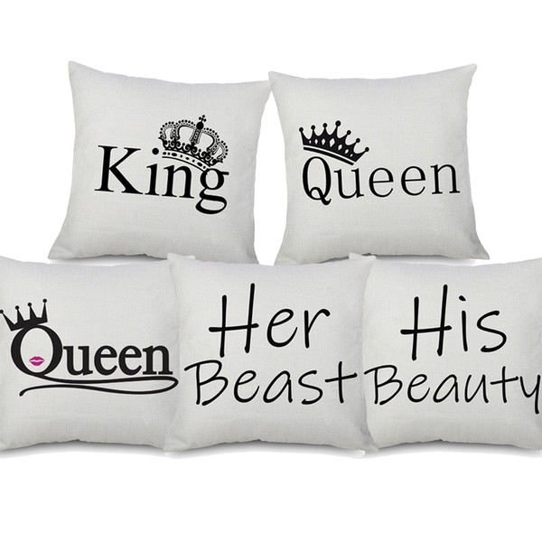 King And Queen Crown Cushion Covers Modern Minimalism English Letters His Beauty Art Cushion Cover Sofa Decorative Linen Cotton Pillow Case