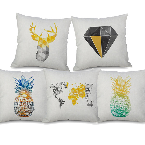 Nordic Retro Vintage Geometric Diamond Plaids Cushion Covers Deer Pineapple Cushion Cover Sofa Throw Decorative Linen Cotton Pillow Case