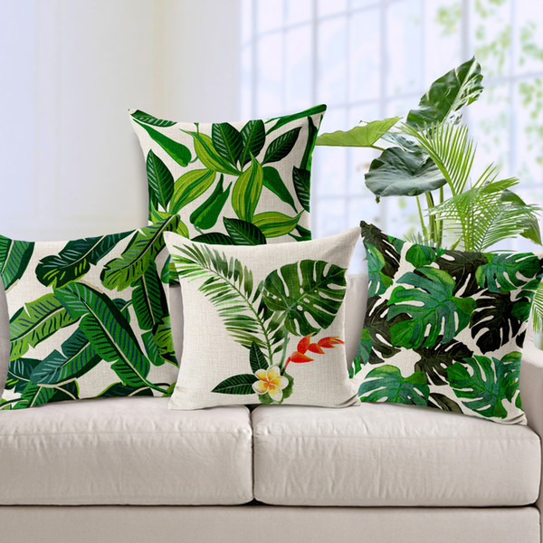 Tropical Plants Cushion Covers Green Leaves Hibiscus Flower Pillow Cover Sofa Seat Decorative Linen Cotton Pillow Case