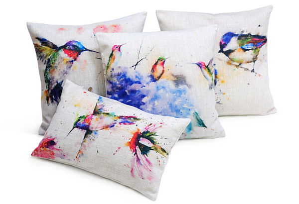 Birds Flowers Cushions Covers Watercolor Painting Hummingbird Bird Love Cushion Pillow Cover Decorative Sofa Throws Linen Cotton Pillow Case