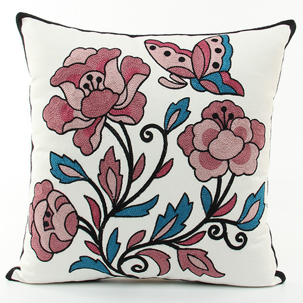 American Pastoral Flowers Butterfly Embroidered Cushion Covers Embroidery Cushion Cover Sofa Throw Decorative Cotton Pillow Case