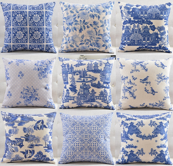 The blue and white porcelain Pattern Cushion Covers Chinese Ink Painting Building Tree Flower Bird Cushion Cover Linen Cotton Pillow Case