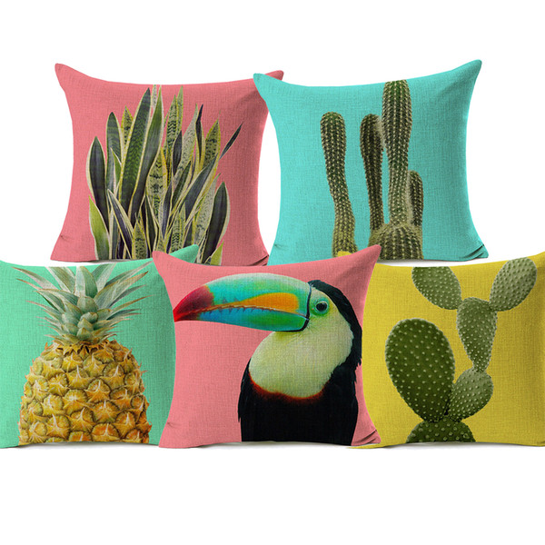 Summer Tropical Plants Fruits Cushion Covers Cactus Pineapple Avocado Toucan Bird Cushion Cover Sofa Throw Linen Cotton Pillow Case