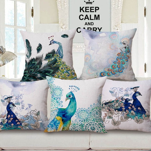 Watercolor Painting Bird Peacock Cushion Covers Peacock Feather Art Decorative Cushion Cover Sofa Throw Linen Cotton Pillow Case