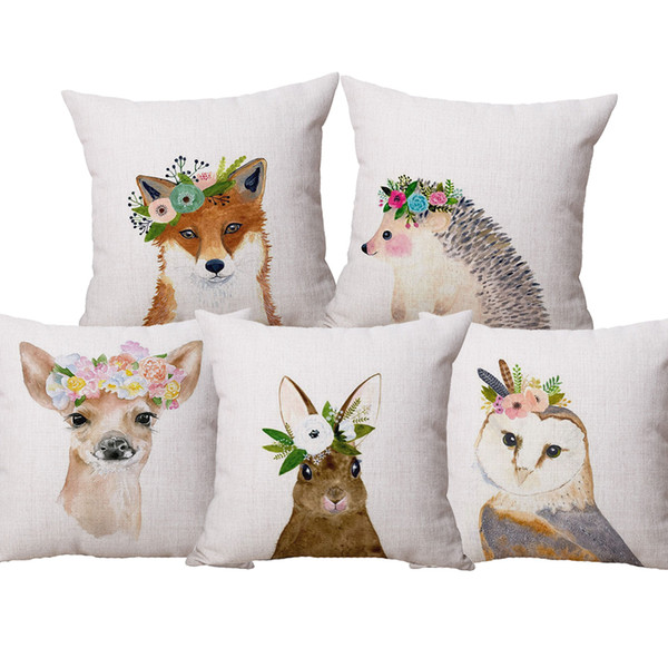 Hand Painting Animals Cushion Covers Deer Fox Hedgehog Rabbit Bear Dog Cat Cushion Cover Decorative Linen Cotton Pillow Case