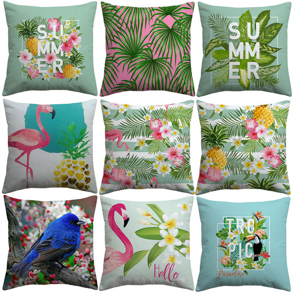 Summer Tropical Plants Cushion Covers Hibiscus Flower Flamingo Toucan Pineapple Cushion Cover Decorative Linen Cotton Pillow Case