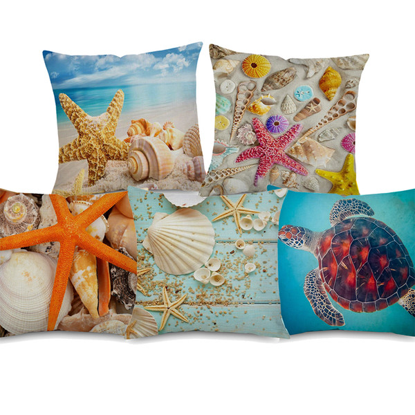 Marine Sea Life Cushion Cover Starfish Shell Turtle Conch Seahorse Sand Beach Cushion Covers Decorative Linen Cotton Pillow Case