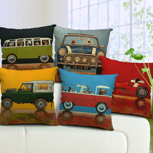 17 Styles Dog Drivers Cushions Pillows Covers Dog Driving Truck Bus Cars Pillow Case Sofa Decorative Linen Cotton Cushion Cover Present