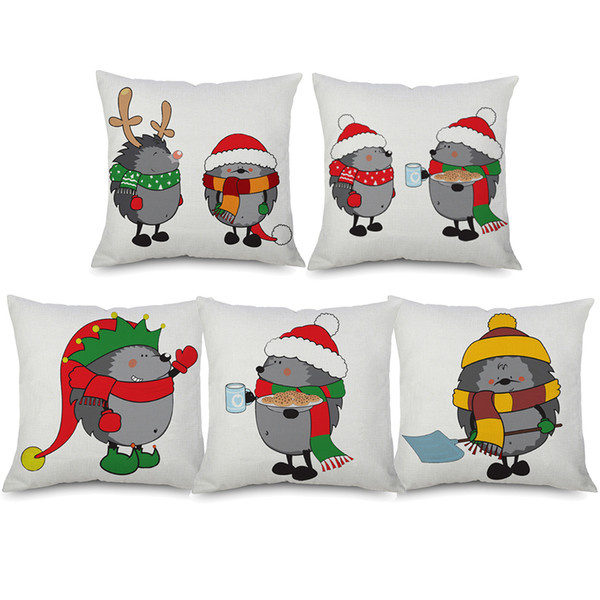 Christmas Hedgehog Animal Cushion Covers Merry Xmas Santa Hat Cartoon Cushion Cover For Baby Kids Decorative Linen Cotton Pillow Case