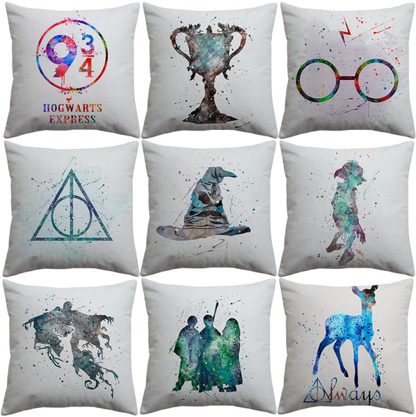 Harry Potter Cushion Cover Watercolor Painting Sorting Hat the Goblet of Fire Art Cushion Covers Sofa Decorative Linen Cotton Pillow Case