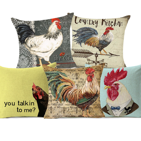 Rooster Cock Cushion Cover European Retro Vintage Home Cafe Decorative Cushion Covers Linen Cotton Pillow Case For Sofa Couch