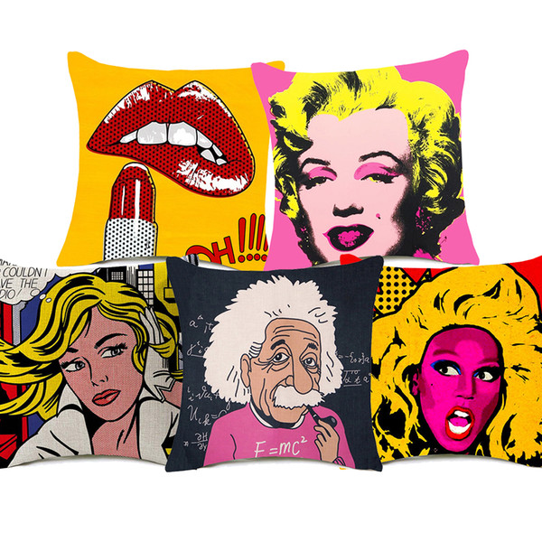 Audrey Hepburn Einstein Portrait Cushion Covers American POP Art Jim Morrison Marilyn Monroe Red Lips Cushion Cover Linen Cotton Pillow Case