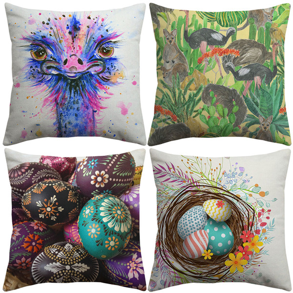 Traditional lithuanian Colorful Easter Eggs Paintings Cushion Covers Ostrich Bird Cushion Cover Bedroom Linen Cotton Pillow Case