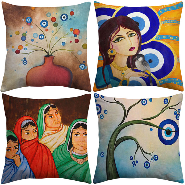 Hand Painting Evil Eye Cushion Covers Arabic Folk Culture Art Cushion Cover Bedroom Decorative Sofa Throw Linen Cotton Pillow Case New