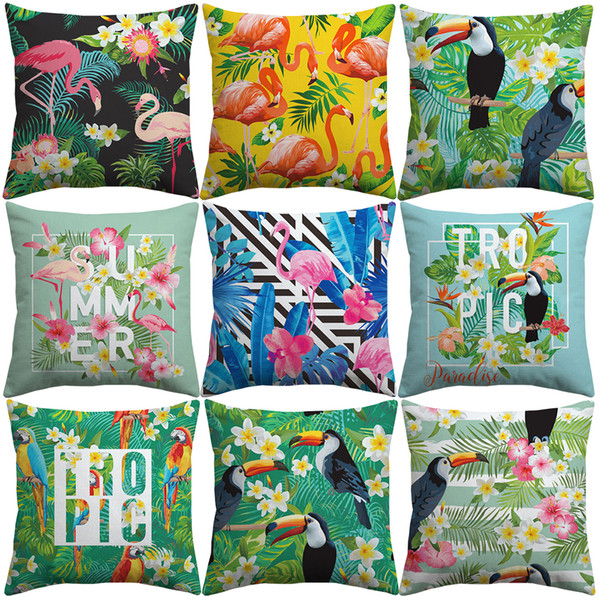 Tropical Summer Birds And Flowers Cushion Covers Good Vibes Green Leaves Bird Flamingo Toucan Cushion Cover Linen Cotton Pillow Case