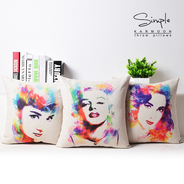 Watercolor Painting Marilyn Monroe Audrey Hepburn Elizabeth Taylor Cushion Cover Pillow Case Decorative Linen Cotton Cushions Pillows Covers