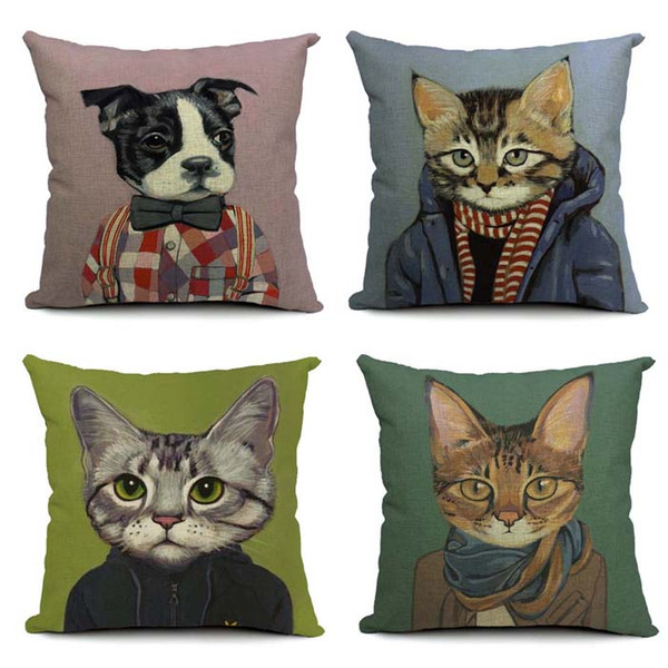 Cute Cats Dogs Portrait Cushion Covers Fashion Hipster Dog Cat Pillow Case Decorative Sofa Throw Linen Cotton Cushion Cover