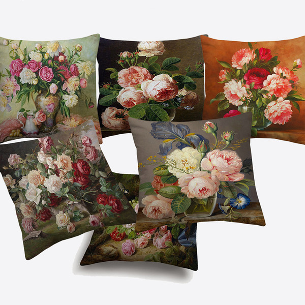 Oil Painting Birds And Flowers Cushion Covers European Retro Vintage Rustic Floral Rose Art Cushion Cover Sofa Linen Cotton Pillow Case