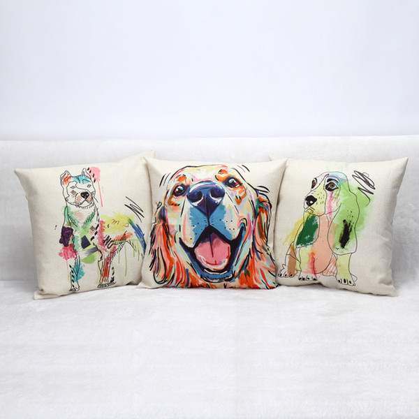 3 Styles Dogs Cushion Covers Watercolor Oil Painting Dog Cushion Cover Decorative Beige Linen Pillow Case