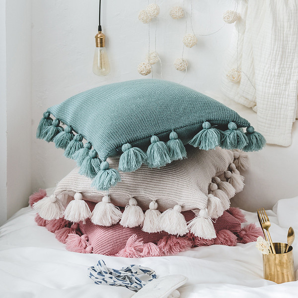 Knitted Throw Pillow Case Bed Fall Cushion Cover With Pompoms Tassels Nordic Modern Home Solid Color Cushion Covers For Sofa Couch Floor