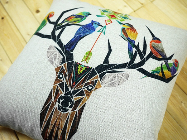 Creative Geometric Deer Stag And Bird Color Paintings Cushions Covers Sofa Throws Pillow Case Decorative Linen Cotton Cushion Pillow Cover