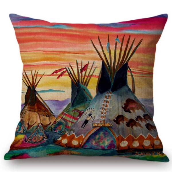 Colorful Oil Painting Indian Tent Cushion Cover Native American Indians Teepees Tipi Cushion Covers Decorative Linen Cotton Pillow Case