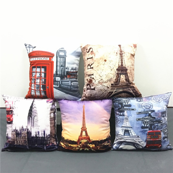 6 Styles European Vintage Scenic Art Cushion Covers Paris Eiffel Tower British Big Ben Telephone Booth Cushion Cover Soft Pillow Case Gift