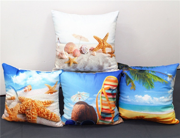 4 Styles Summer Sea Beach Scenic Cushion Covers Bottle Starfish Shell Palm Tree Blue Sky Cushion Cover Baby Kids Favor Soft Pillow Case