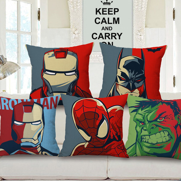 American Superhero Cushion Covers Iron Man Hulk Spiderman Batman Cushion Cover Linen Cotton Pillow Case For Baby Kids Bedroom Decoration