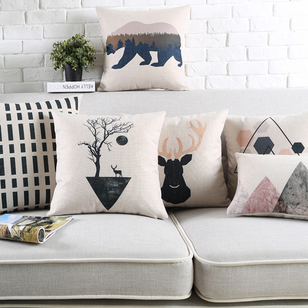 Mountain Woods Art Cushion Covers Nordic Minimalist Geometric Triangles Animals Bear Deer Elk Pillow Covers Sofa Linen Cotton Pillow Case