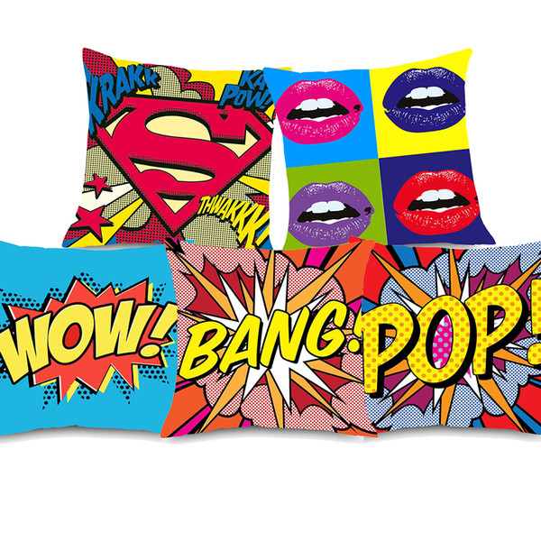 7 Styles American POP Style Cushion Covers Graffiti Rock And Roll Letters WOW POW BANG Red Lips Superman Cushion Cover Soft Pillow Case