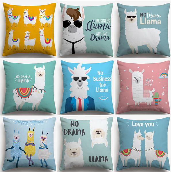 Cartoon Cute Llama Cushion Covers Happy Alpaca Hipster Decorative Cushion Cover Linen Cotton Pillow Case For Baby Kids Bedroom Decoration