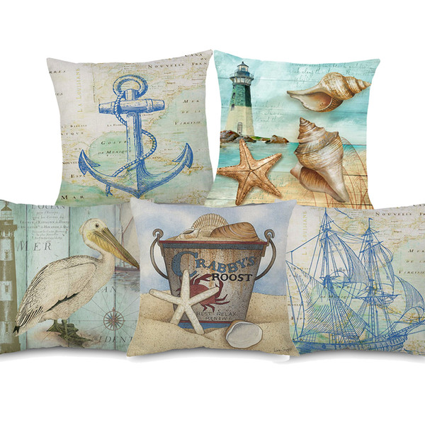 Retro Vintage Sea Voyager Ship Anchor Cushion Covers Marine Life Shell Conch Starfish Seahorse Shrimp Cushion Cover Linen Cotton Pillow Case